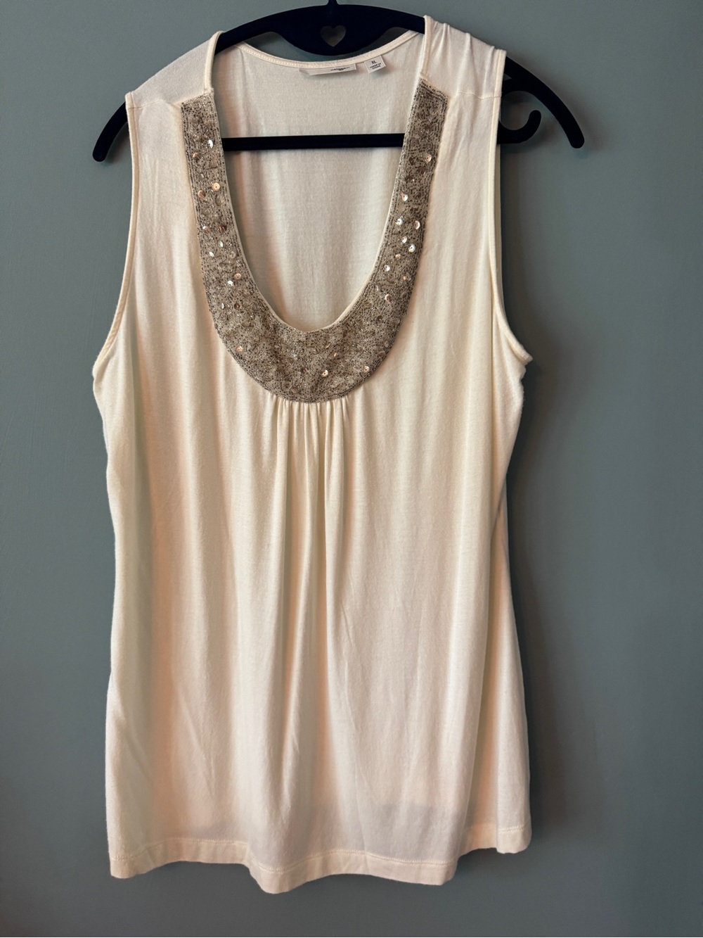 Halogen Cream Sleeveless Tank with Beaded Scoop Neck